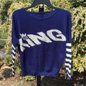 Gold Sequin White King Letter on Blue Sweater